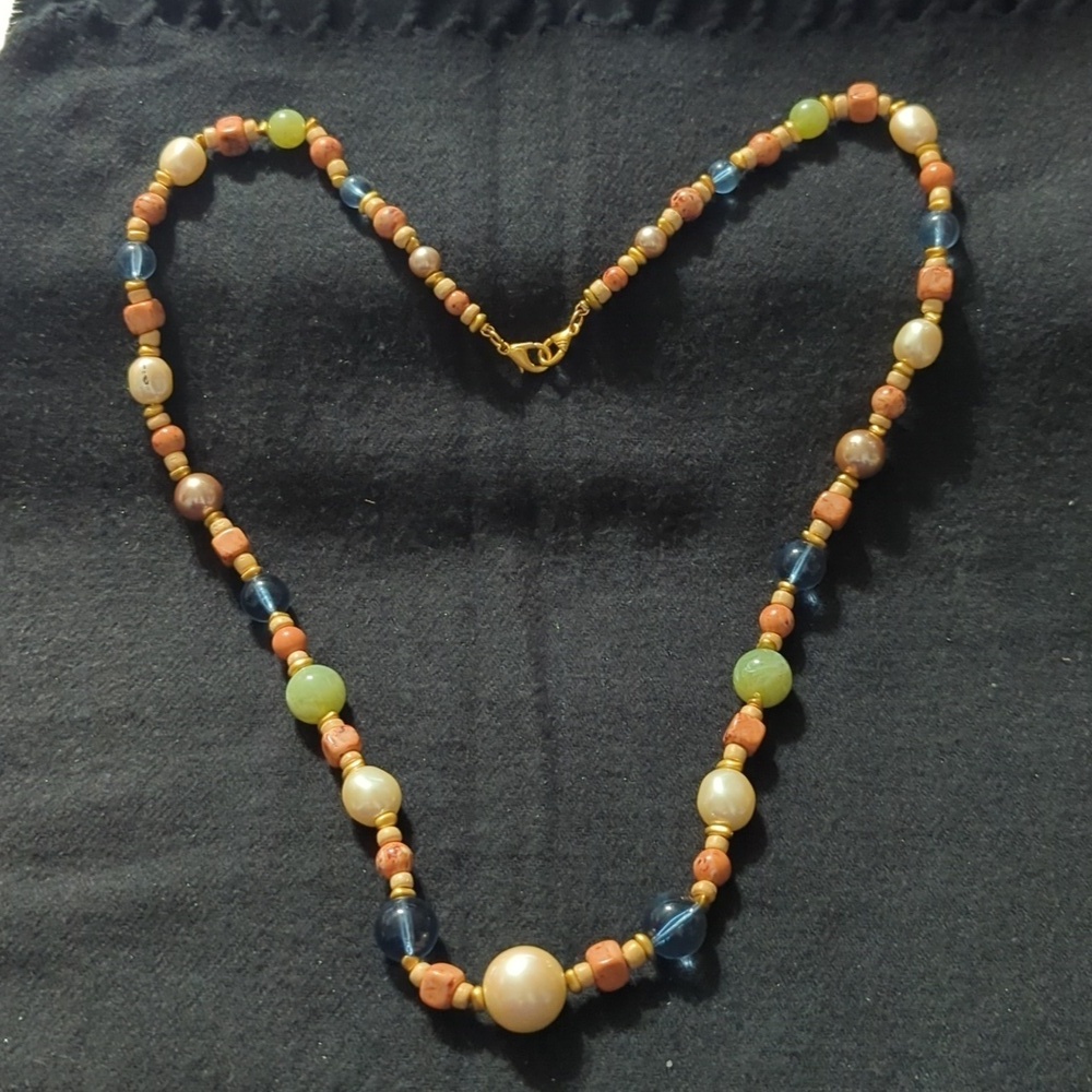 LC Lauren Conrad White Faux Pearl Brown Blue Green Beaded Statement Necklace